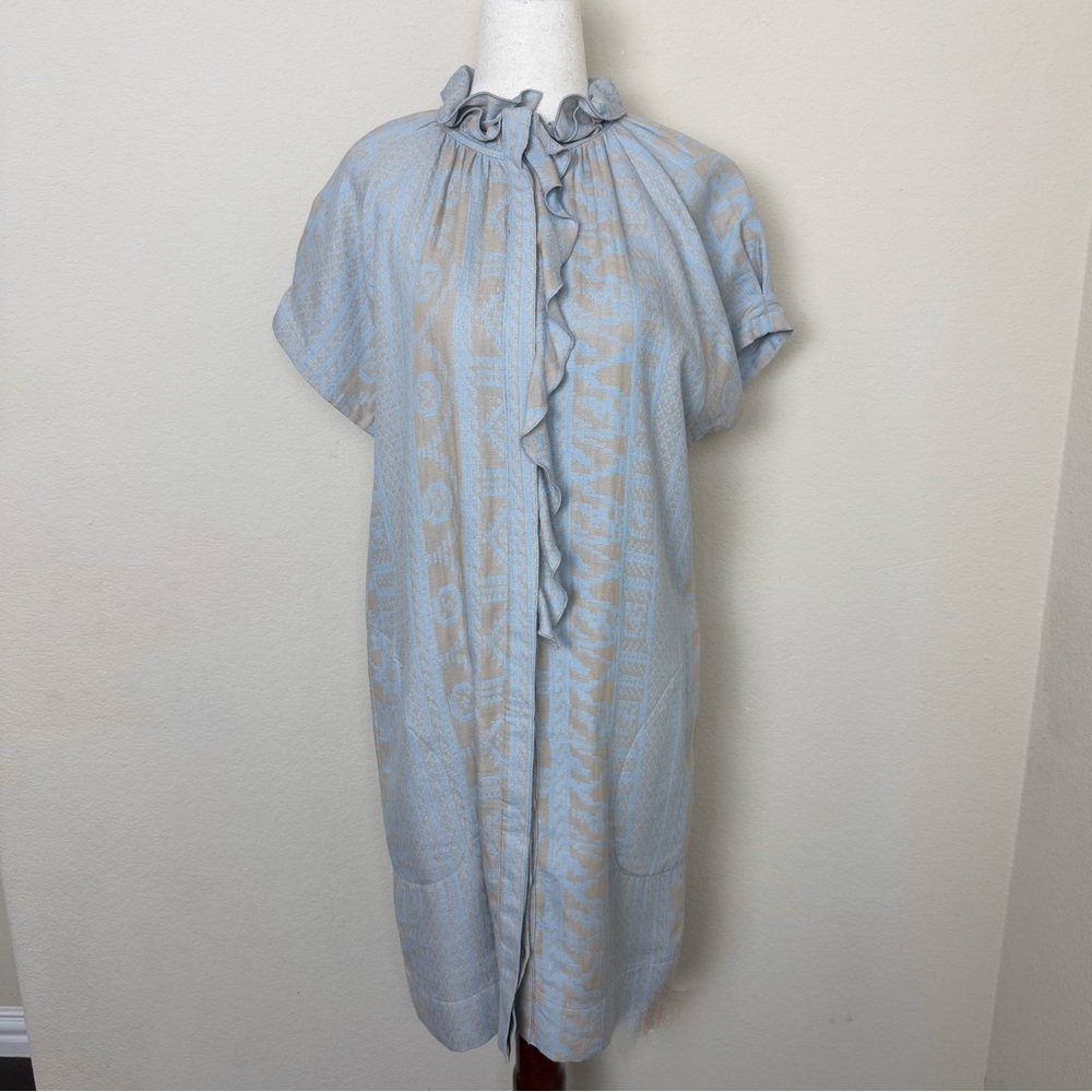 Finley Dress Ethnic‎ Jacquard Frankie Blue Khaki Tan Ruffle Neck Short Sleeve XS